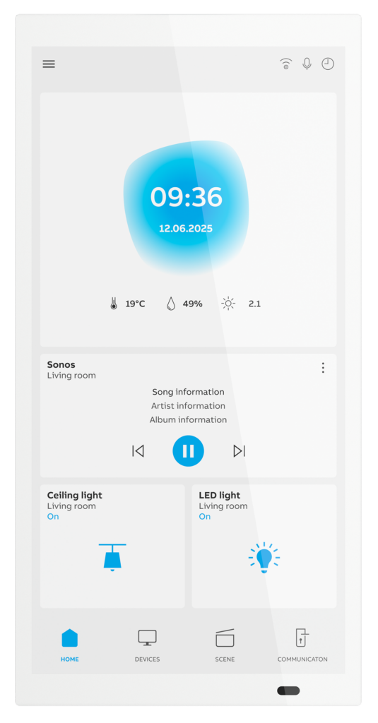Busch-IQTouch Touchpanel mit Smart-Home-Oberfläche: Uhrzeit, Raumklima und Sonos-Steuerung