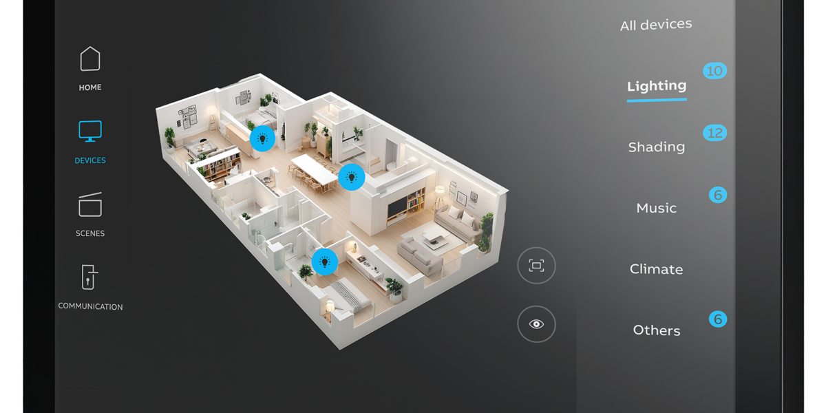 Busch-IQTouch 10-Zoll-KNX-Panel mit Smart-Home-App: 3D-Grundriss und Lighting-Steuerung