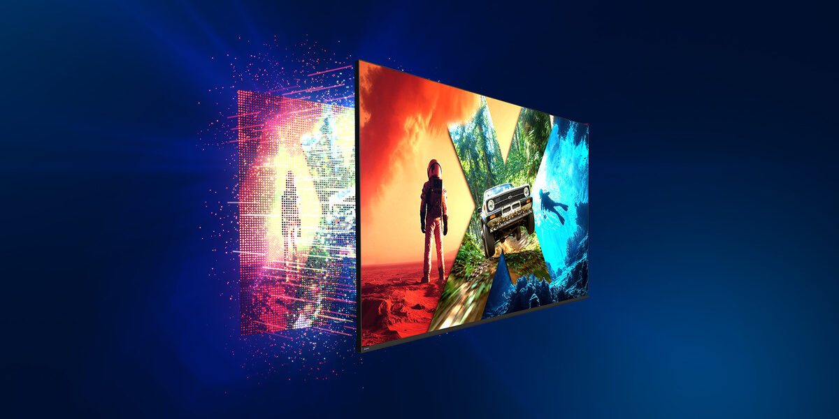 Philips Ambilight TV 2026 mit dreiseitigem Ambilight, Display zeigt bunte HDR-Szenen