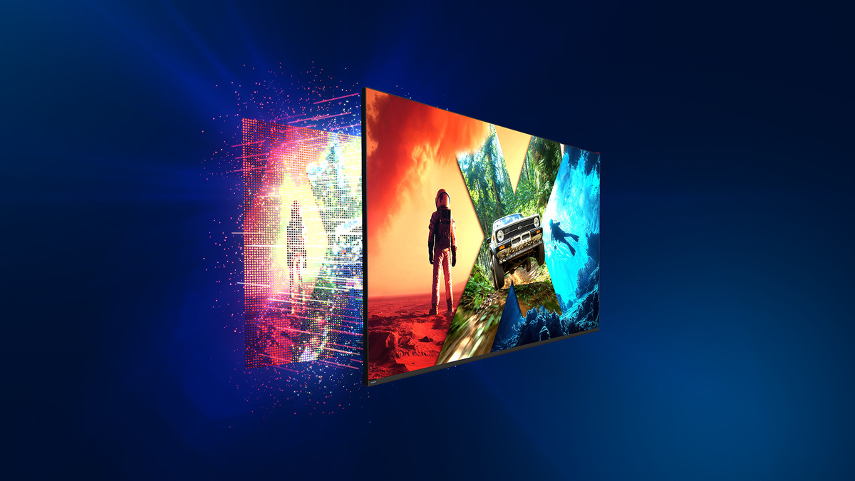 Philips Ambilight TV 2026 mit dreiseitigem Ambilight, Display zeigt bunte HDR-Szenen