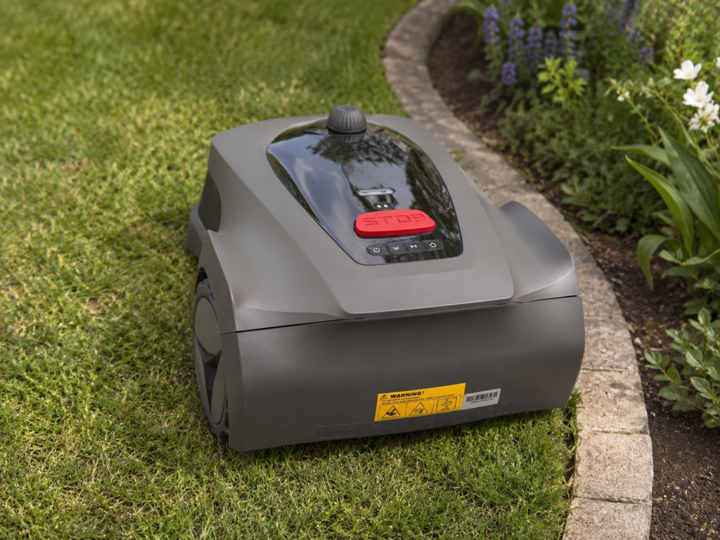 iGarden Lawn Mower L AWD Mähroboter auf Rasen neben Blumenbeet mit Steinbordüre