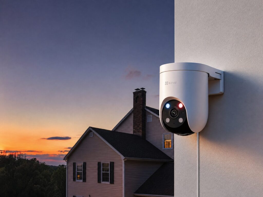 EZVIZ H8c Pro 4K Outdoor-Kamera mit rot-blauen Warnlichtern, an Hauswand bei Dämmerung montiert
