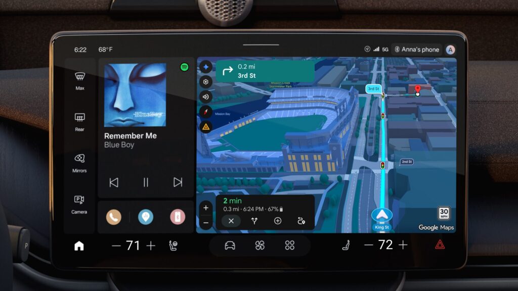 Volvo EX60 Infotainment-Display mit Google Maps 3D-Navigation und Spotify-Musiksteuerung