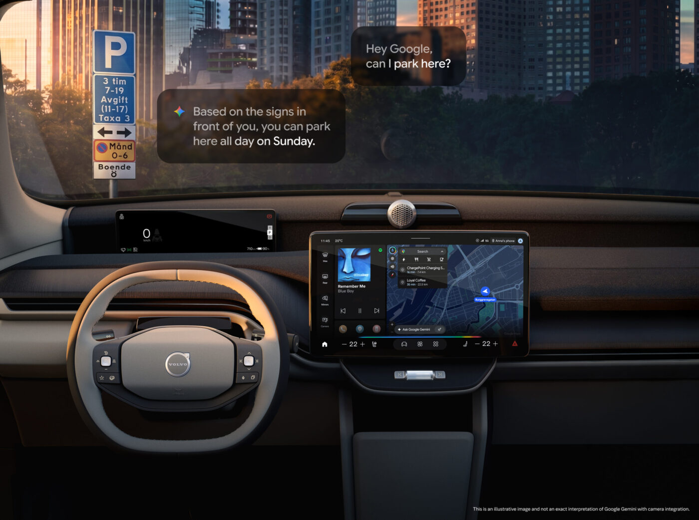 Volvo EX60 Cockpit: Google Gemini erkennt Parkschild per Kamera und beantwortet Parkfrage