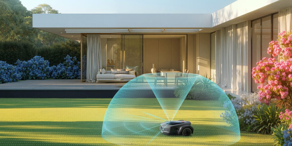 iGarden Lawn Mower L AWD Mähroboter auf Rasen mit visualisiertem 360°-LiDAR-Sensorbereich