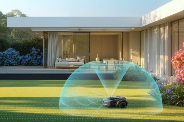 iGarden Lawn Mower L AWD Mähroboter auf Rasen mit visualisiertem 360°-LiDAR-Sensorbereich