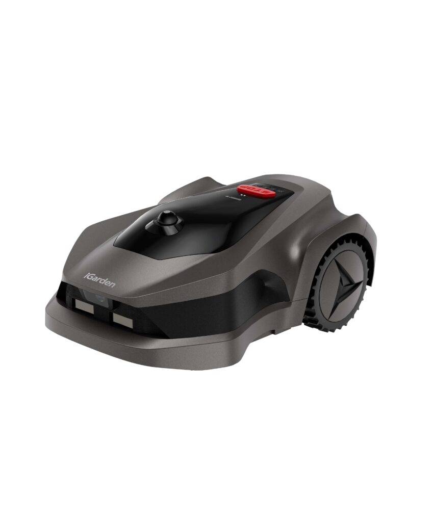iGarden Lawn Mower L AWD: Allrad-Mähroboter in Grau mit rotem STOP-Knopf, Schrägansicht