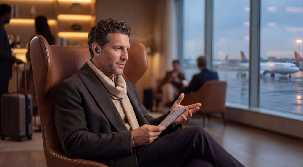 Mann trägt soundcore Liberty 5 Pro Max In-Ears in Airport-Lounge und telefoniert mit Smartphone