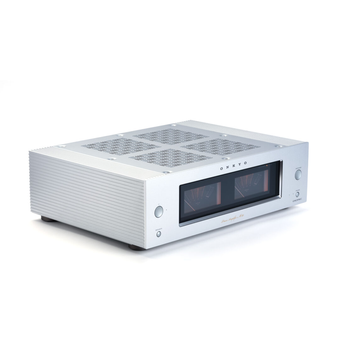 Onkyo Power Amplifier M-80 in Silber mit zwei analogen VU-Metern, Schrägansicht