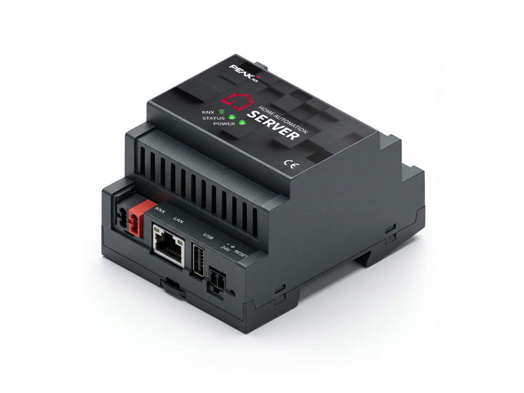 PEAKnx Home Automation Server auf Hutschiene mit KNX-, LAN- und USB-Anschluss