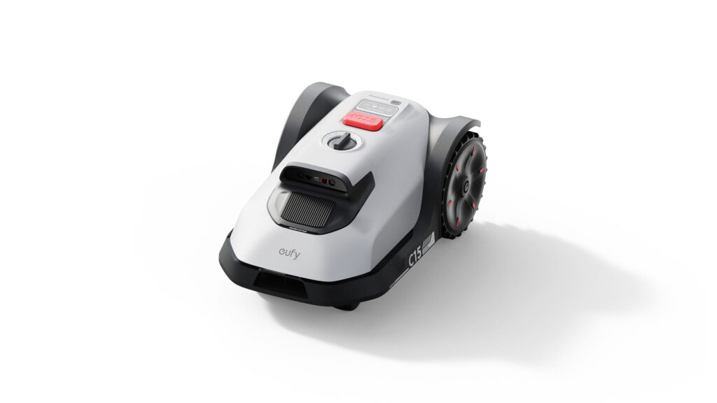 Eufy Mähroboter C15 in Weiß-Schwarz mit rotem Stopp-Knopf, Schrägansicht von oben