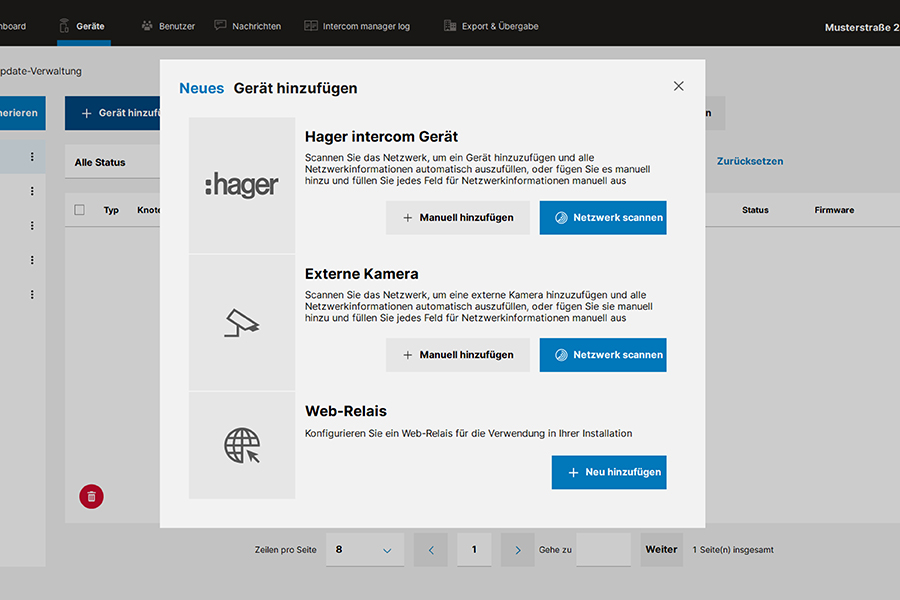 Hager intercom Manager: Dialog „Neues Gerät hinzufügen" mit Optionen für Kamera, Gerät und Web-Relais