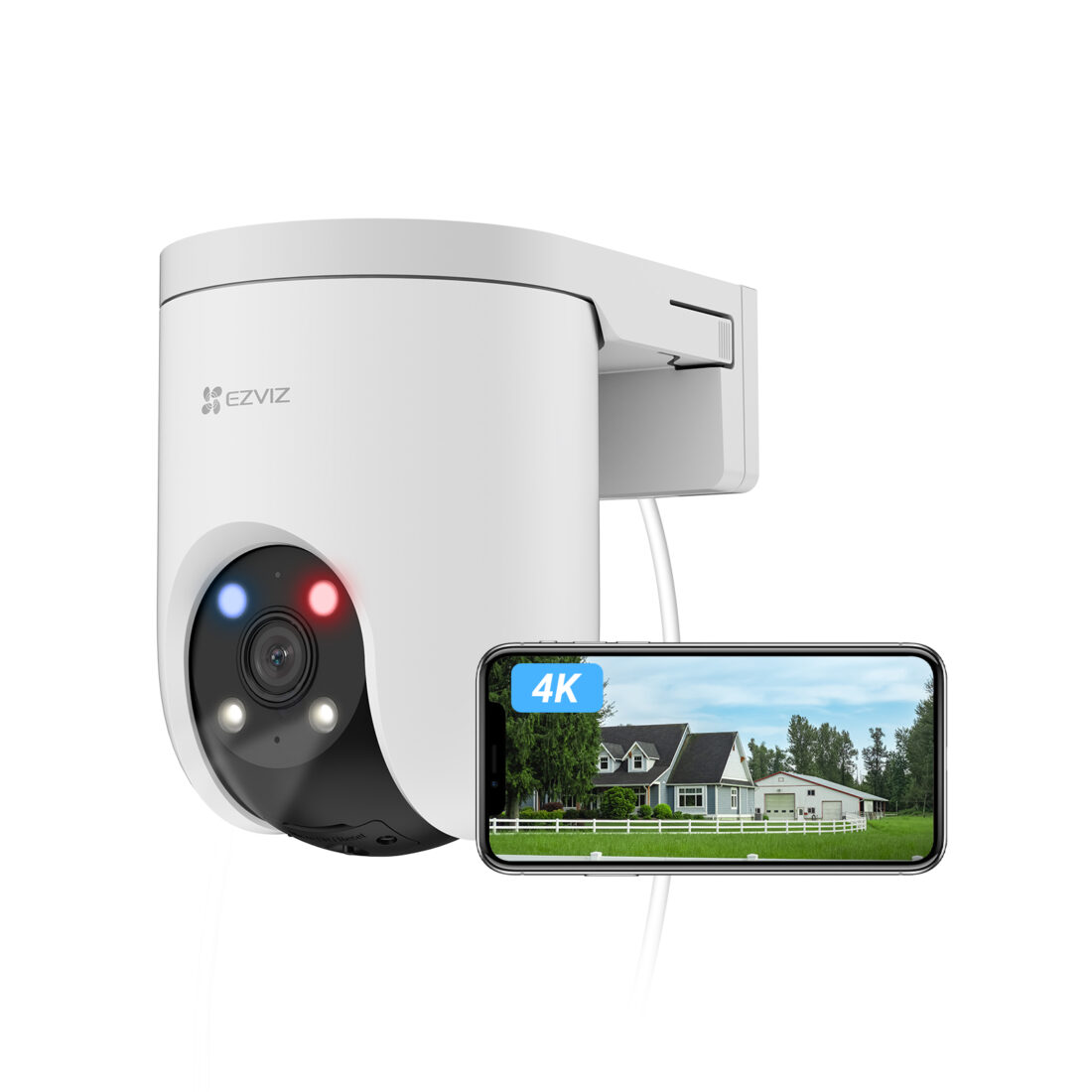 EZVIZ H8c Pro 4K Outdoor-Schwenkkamera auf Wandhalterung mit Smartphone-Live-Vorschau in 4K