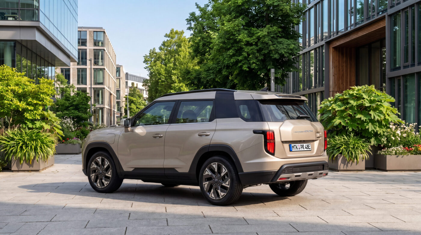 KGM Torres EVX Nomad in Sandbeige, Heckansicht, parkend in urbanem Umfeld