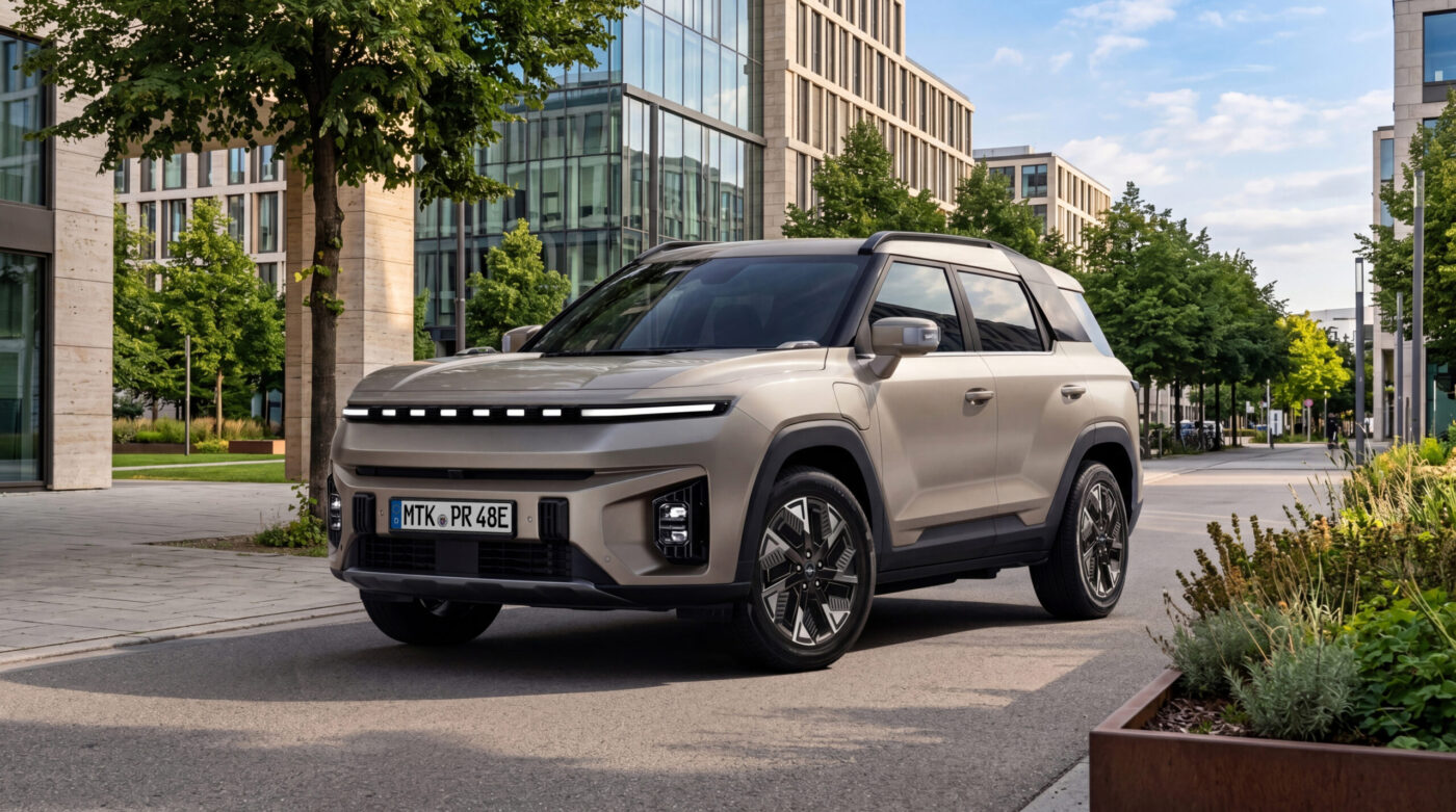 KGM Torres EVX Nomad in Champagner-Metallic vor modernem Stadtgebäude, Frontansicht schräg