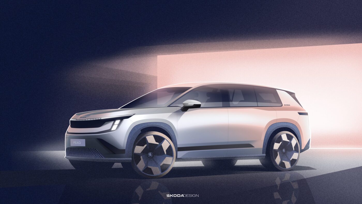 Škoda Peaq Exterieur-Designskizze: weißes Elektro-SUV mit T-förmigen Scheinwerfern, Seitenansicht