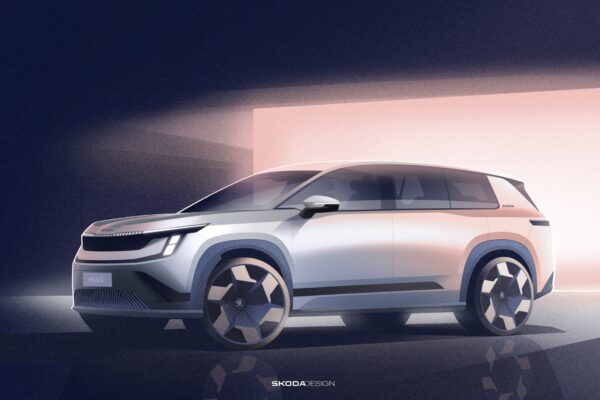 Škoda Peaq Exterieur-Designskizze: weißes Elektro-SUV mit T-förmigen Scheinwerfern, Seitenansicht