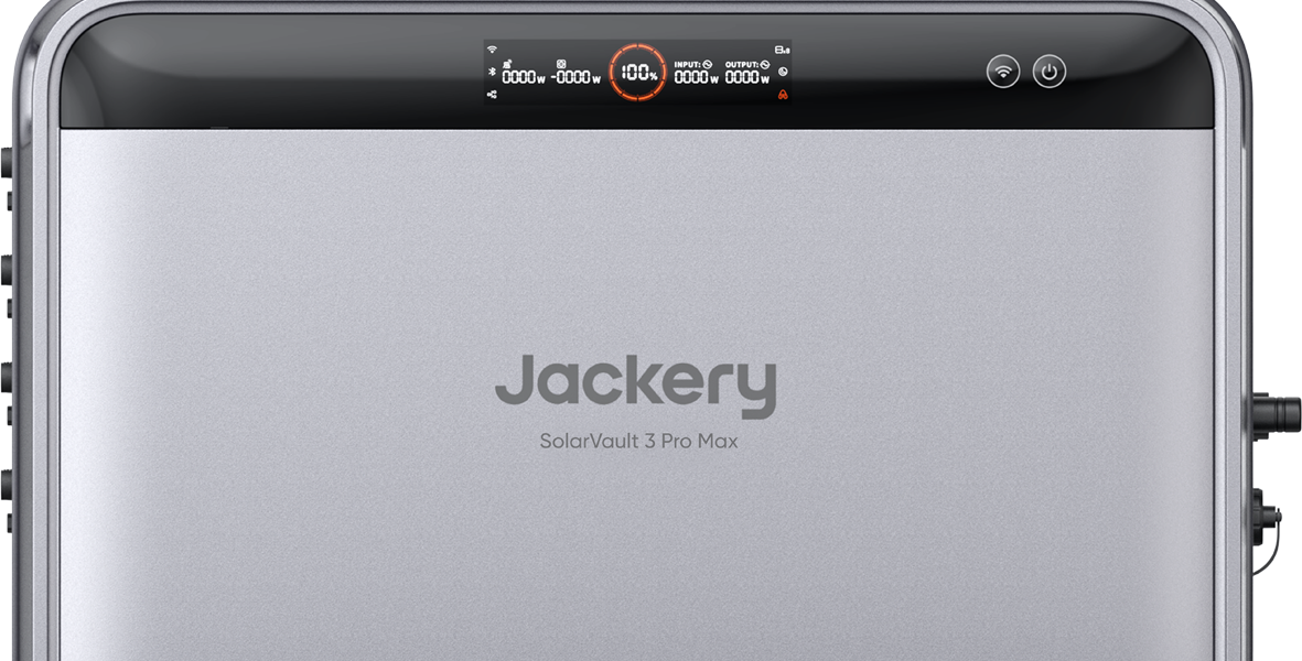 Jackery SolarVault 3 Pro Max Heimspeicher, Frontansicht mit Display und 100-%-Ladeanzeige