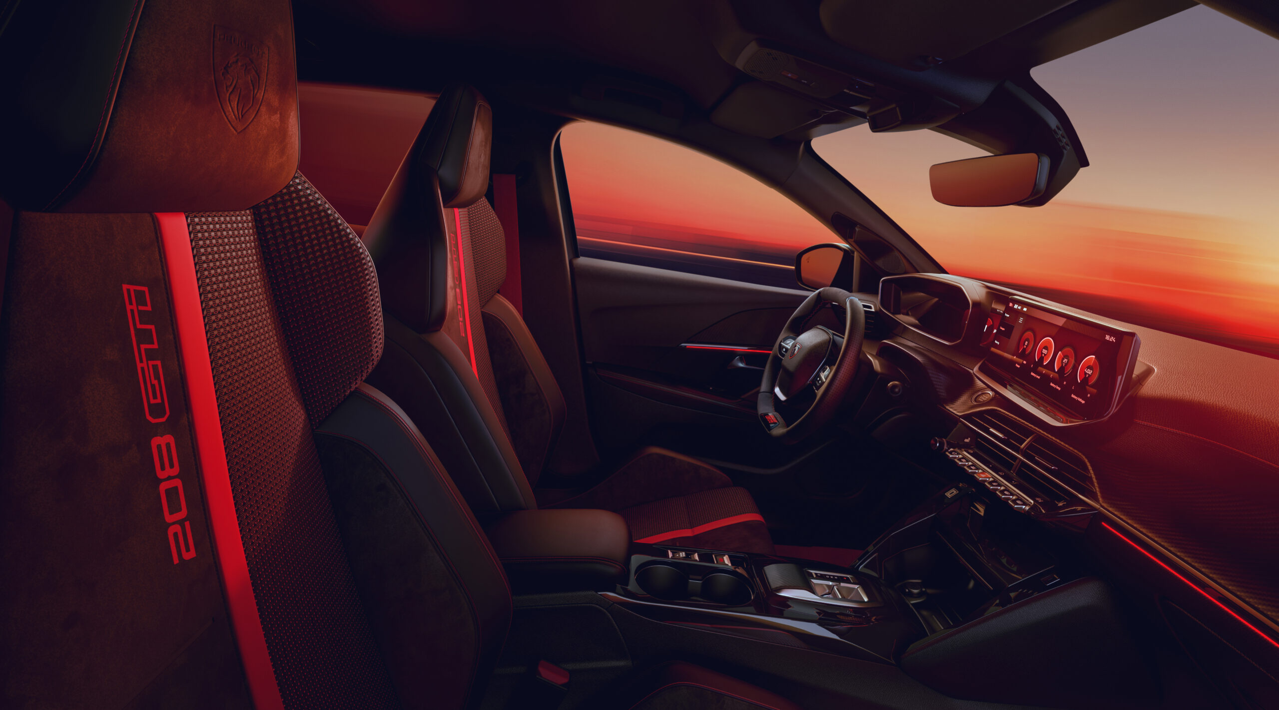 Peugeot E-208 GTi Innenraum mit roten Sportsitzen, GTi-Schriftzug und digitalem Cockpit