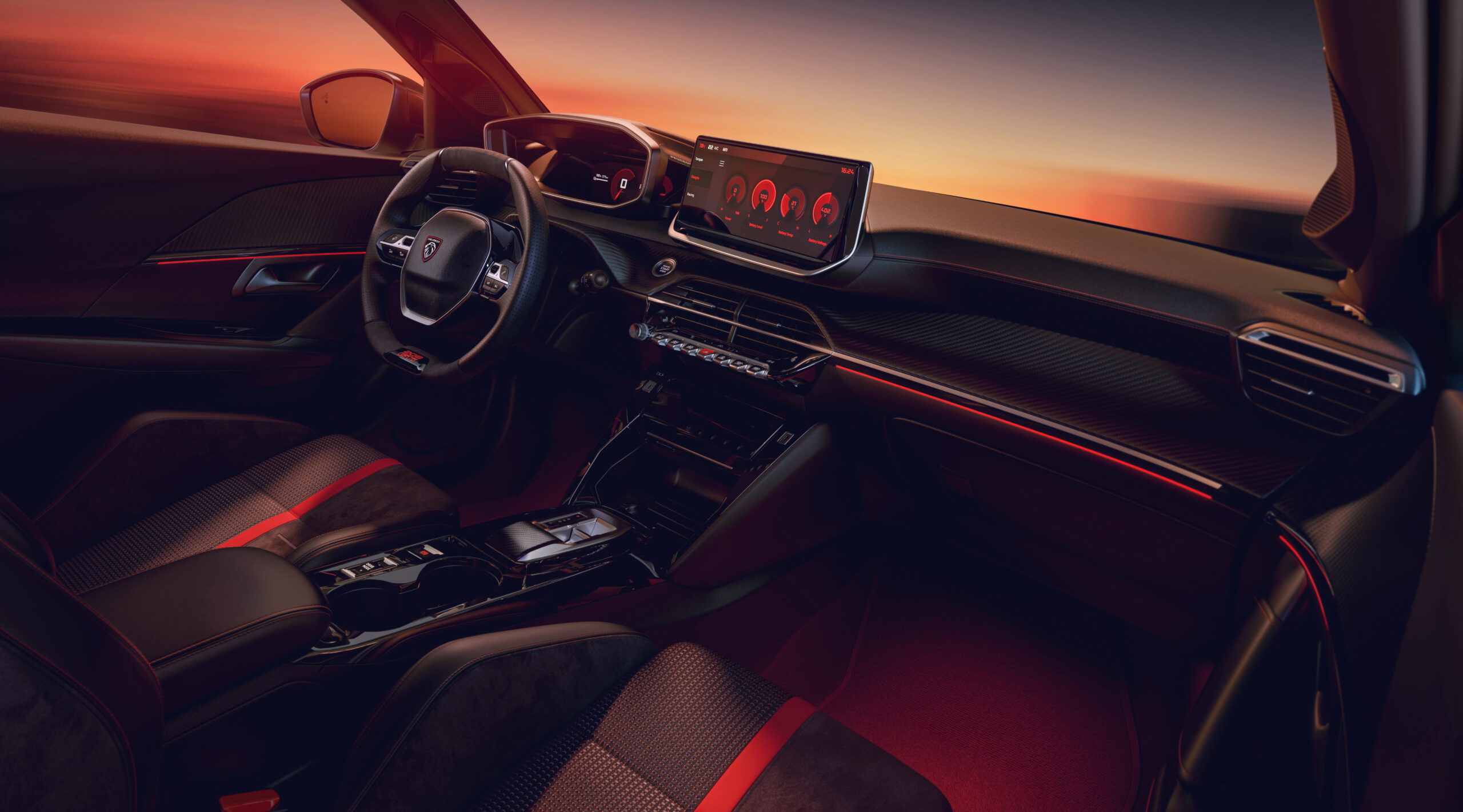 Peugeot E-208 GTi Innenraum mit roter Ambientebeleuchtung, GTi-Lenkrad und Panorama-Touchscreen
