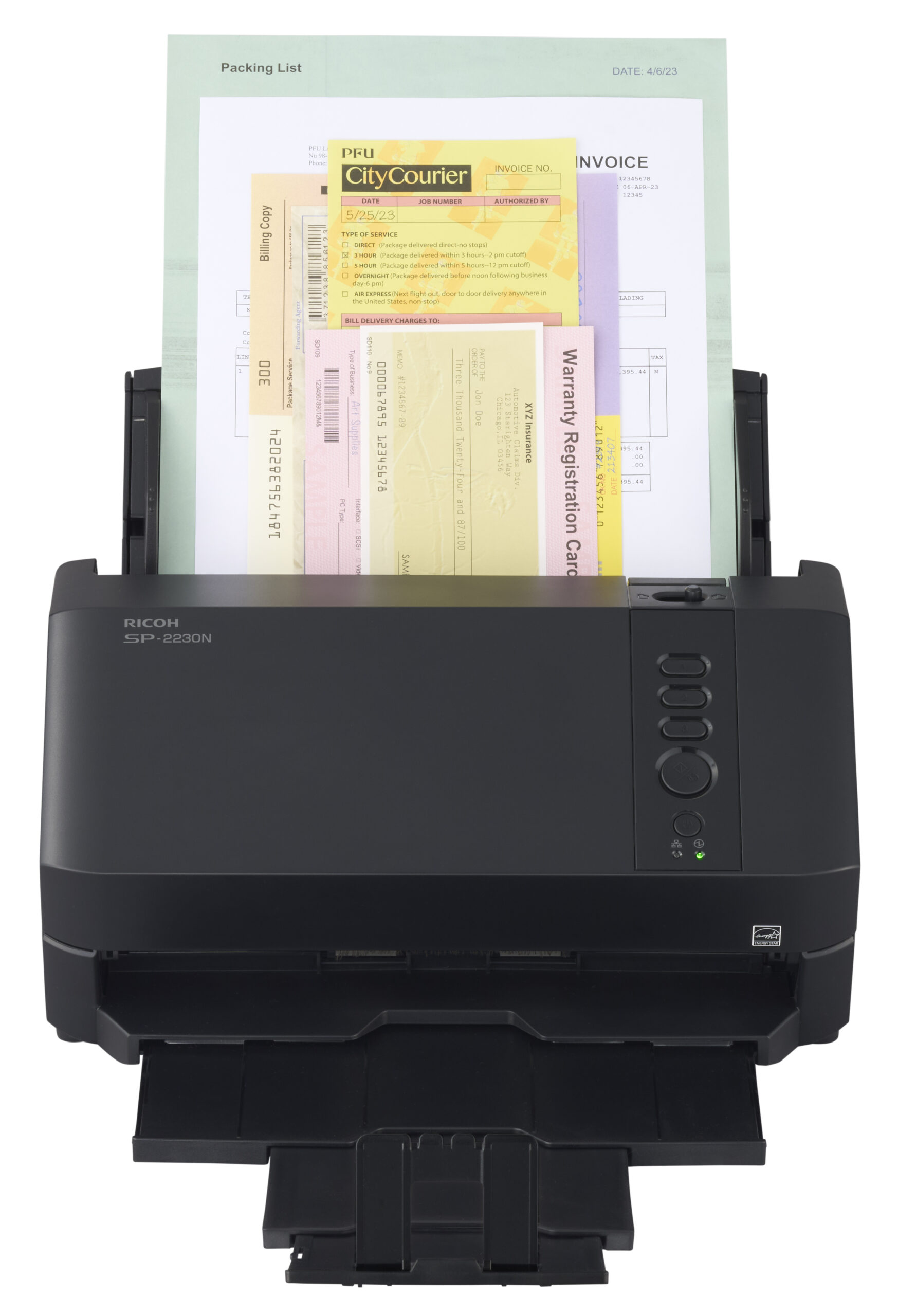 Ricoh SP-2230N Dokumentenscanner mit eingelegten Formularen und Rechnungen im ADF-Einzugsfach