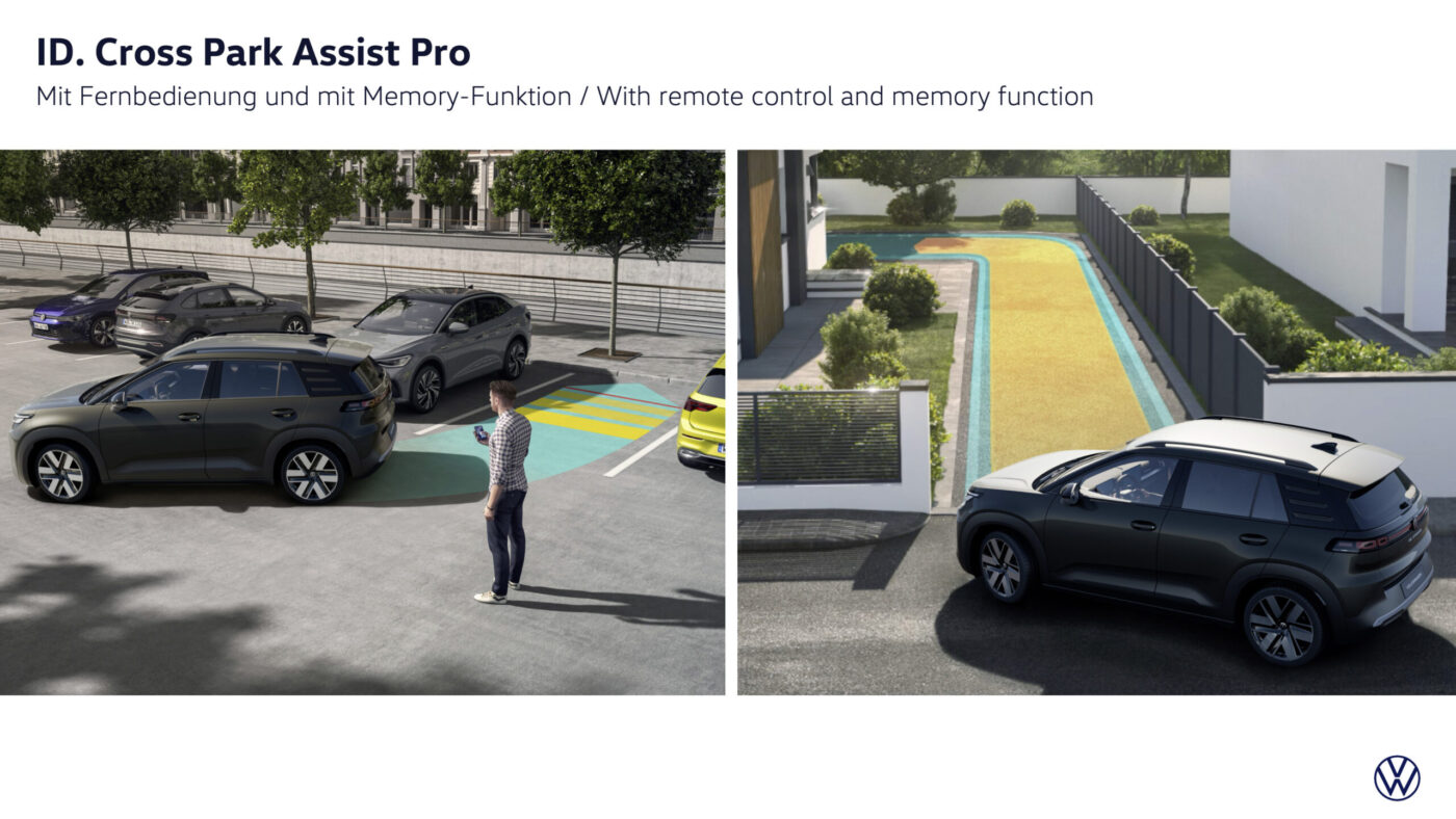 VW ID. Cross Park Assist Pro: Ferngesteuertes Einparken auf Parkplatz und Memory-Funktion in Hauseinfahrt