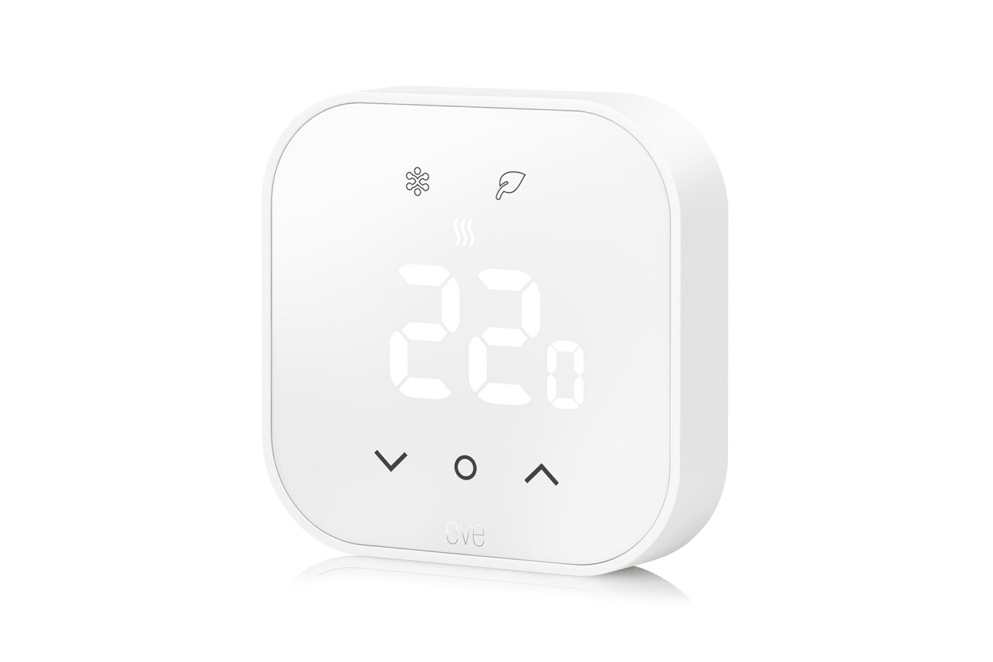 Eve Thermostat in Weiß mit LED-Anzeige 23 °C, Heiz- und Eco-Symbol sowie drei Bedientasten
