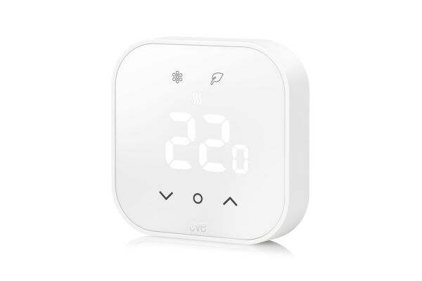 Eve Thermostat in Weiß mit LED-Anzeige 23 °C, Heiz- und Eco-Symbol sowie drei Bedientasten
