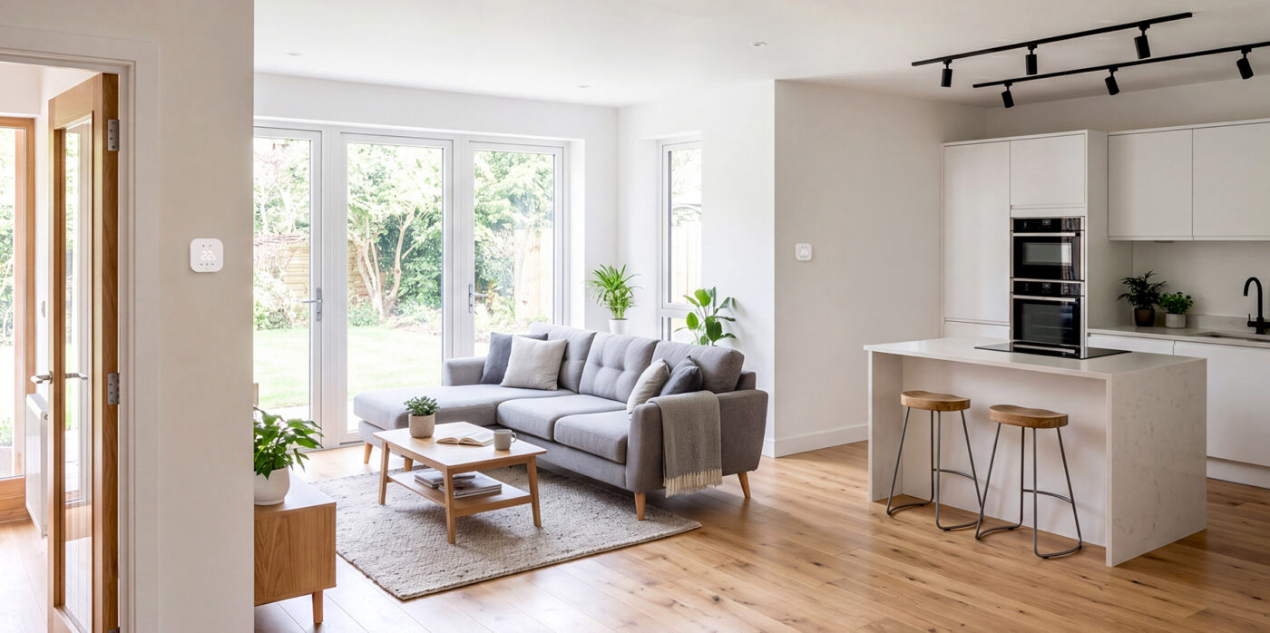 Eve Thermostat an weißer Wand in offenem Wohnzimmer mit skandinavischem Einrichtungsstil