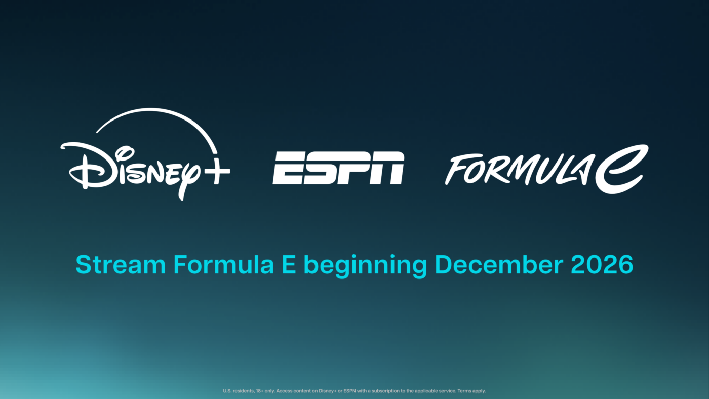 Disney+, ESPN und Formula-E-Logos mit Text: Stream Formula E beginning December 2026
