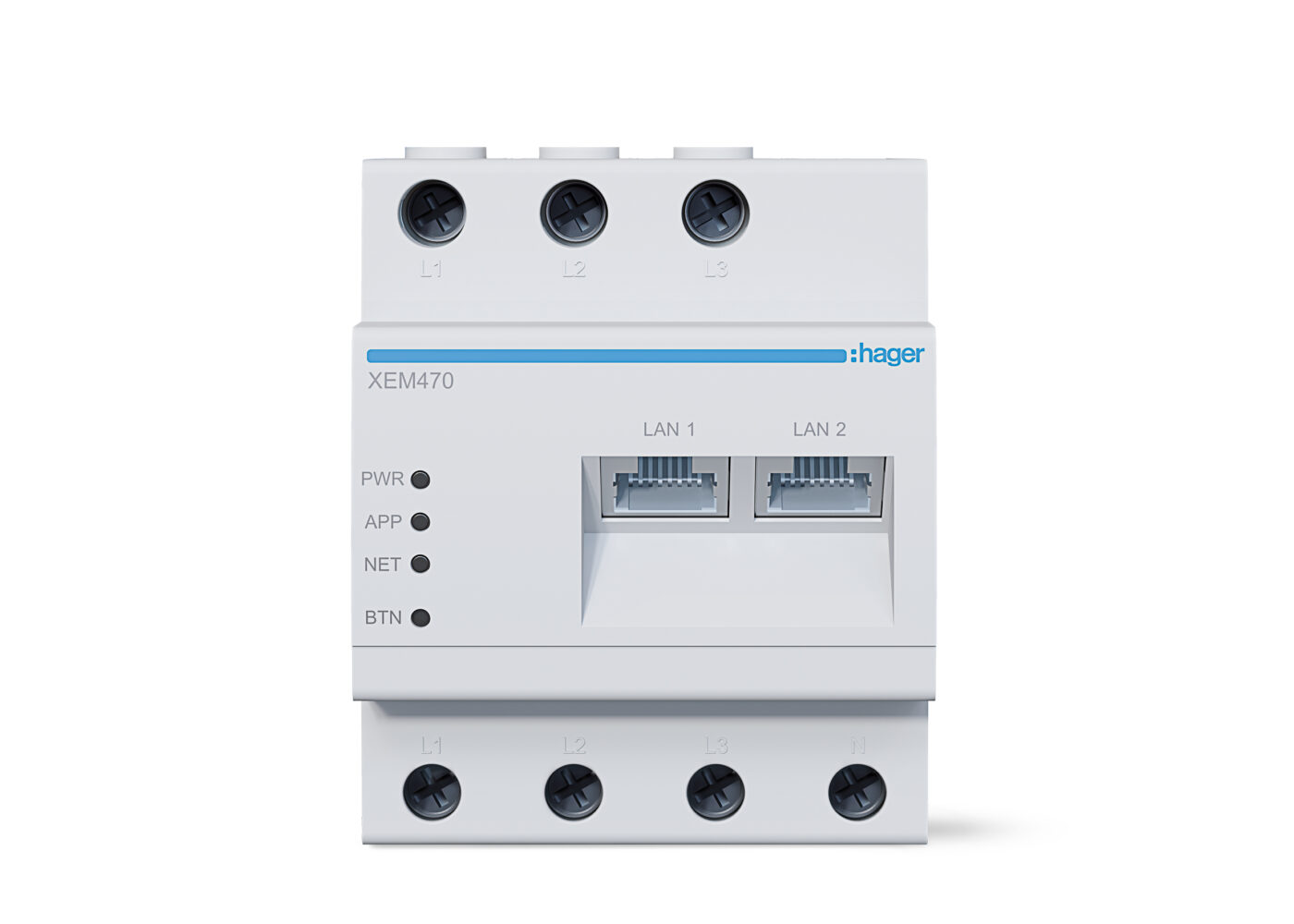 Hager XEM470 Energiezähler für Hutschiene mit zwei LAN-Ports und LED-Statusanzeigen