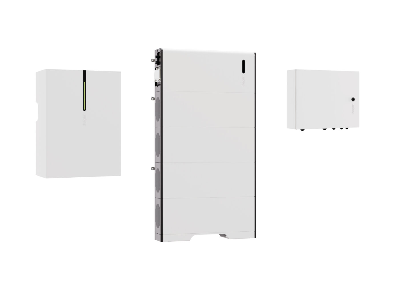Hager flow R3: modularer LFP-Batteriespeicher (Mitte), Speichereinheit und Energiemanager in Weiß