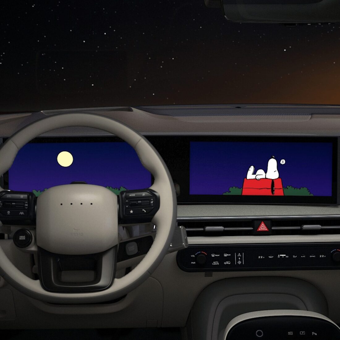Hyundai-Cockpit mit Peanuts-Theme: Snoopy schläft auf rotem Häuschen im Nachtmodus auf dem ccNC-Display