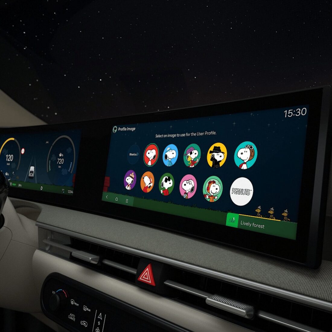 Hyundai ccNC-Infotainmentdisplay mit Peanuts-Theme: Snoopy-Profilbilder zur Benutzerauswahl im Cockpit