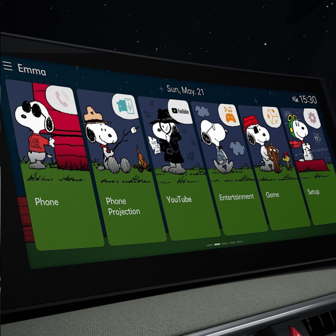 Hyundai ccNC-Display mit Peanuts-Theme: Snoopy-Kacheln für Phone, YouTube, Game und Setup