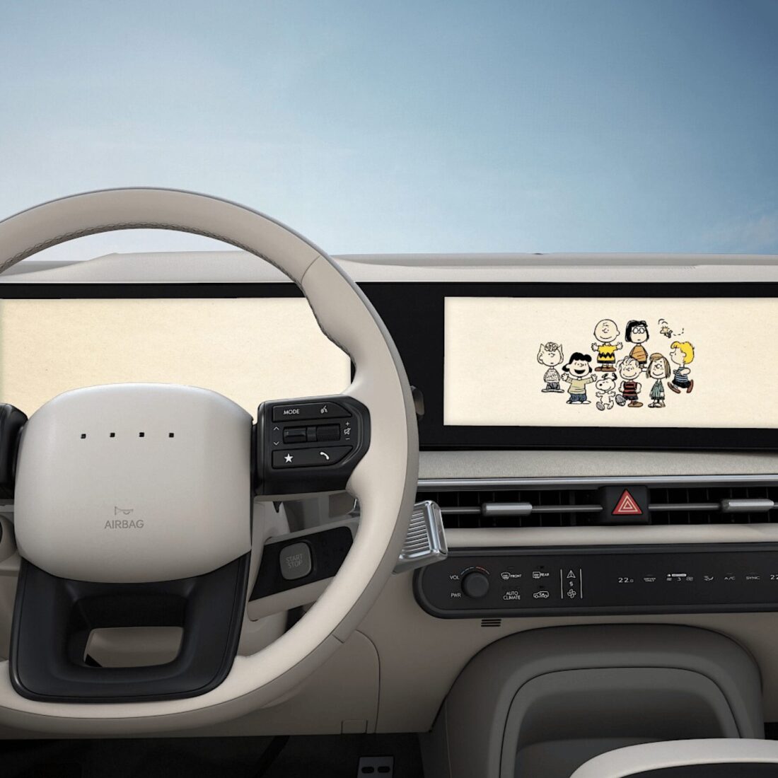 Hyundai-Cockpit mit Peanuts-Theme auf dem ccNC-Infotainmentdisplay: Charlie Brown, Snoopy & Co.