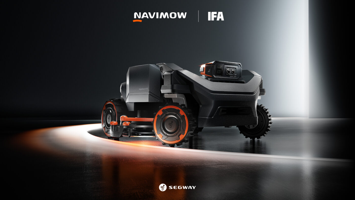 Segway Navimow H5 Pro Mähroboter mit orangenen Rädern, Doppelkamera und ausfahrbarem Mäharm