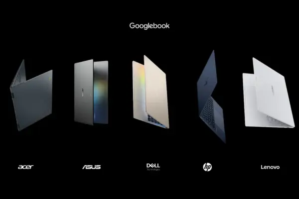 Fünf Googlebook-Laptops von Acer, ASUS, Dell, HP und Lenovo in verschiedenen Farben vor schwarzem Hintergrund