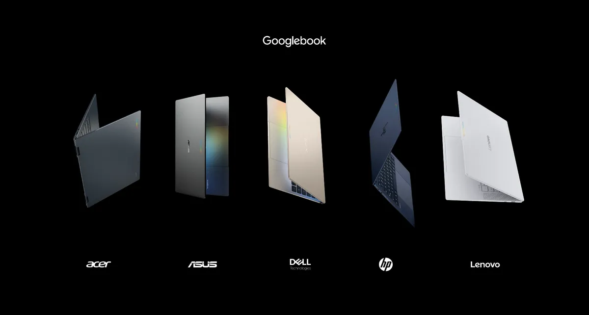 Fünf Googlebook-Laptops von Acer, ASUS, Dell, HP und Lenovo in verschiedenen Farben vor schwarzem Hintergrund