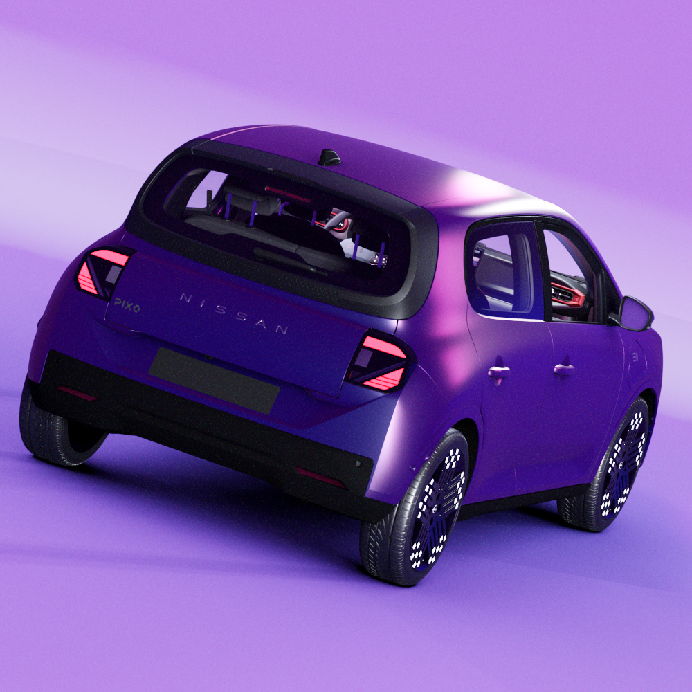 Nissan Pixo Elektro-Stadtwagen in Violett-Metallic, Heck-Dreiviertelansicht mit roten LED-Rückleuchten