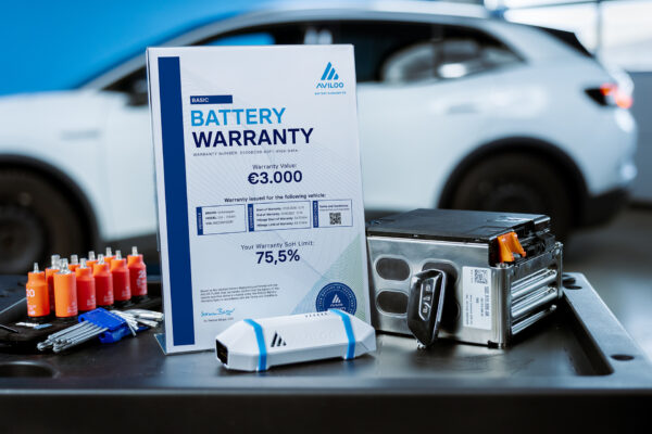 AVILOO Basic Battery Warranty-Zertifikat mit 75,5 % SoH-Limit neben FLASH-Diagnosegerät und VW ID.4-Akkumodul