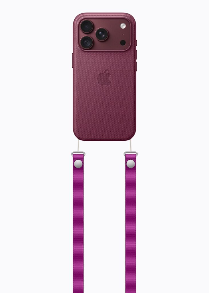 iPhone 18 Pro in weinrotem Apple Case mit magentafarbenem Umhängeband, Rückansicht