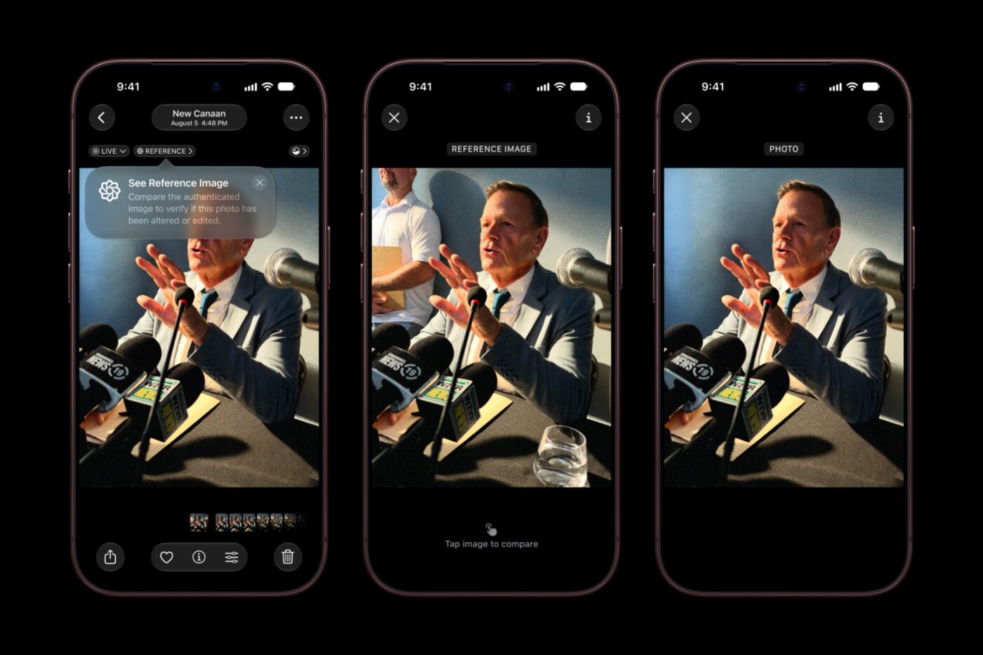 Drei iPhone 18 Pro zeigen iOS-Funktion „Reference Image" zum Erkennen bearbeiteter Fotos