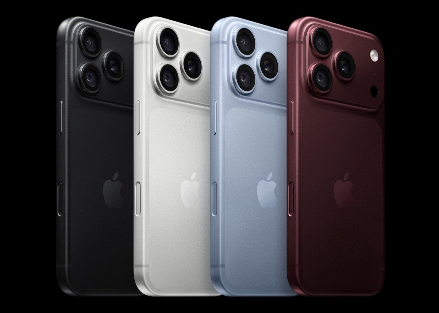 iPhone 18 Pro in vier Farben: Schwarz, Silber, Polar und Burgunder – Rückseite mit Triple-Kamera