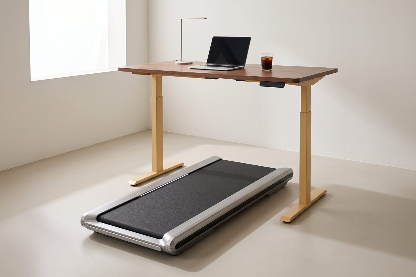 Urevo CyberPad 3 Walking Pad unter höhenverstellbarem Schreibtisch mit Laptop und Schreibtischlampe