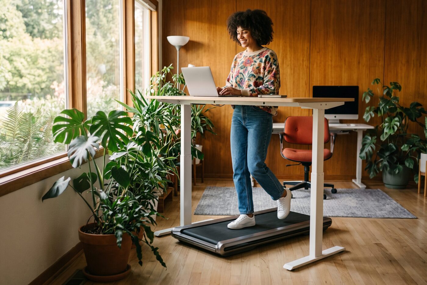 Frau arbeitet lächelnd am Laptop auf einem Walking Pad unter einem höhenverstellbaren Stehschreibtisch