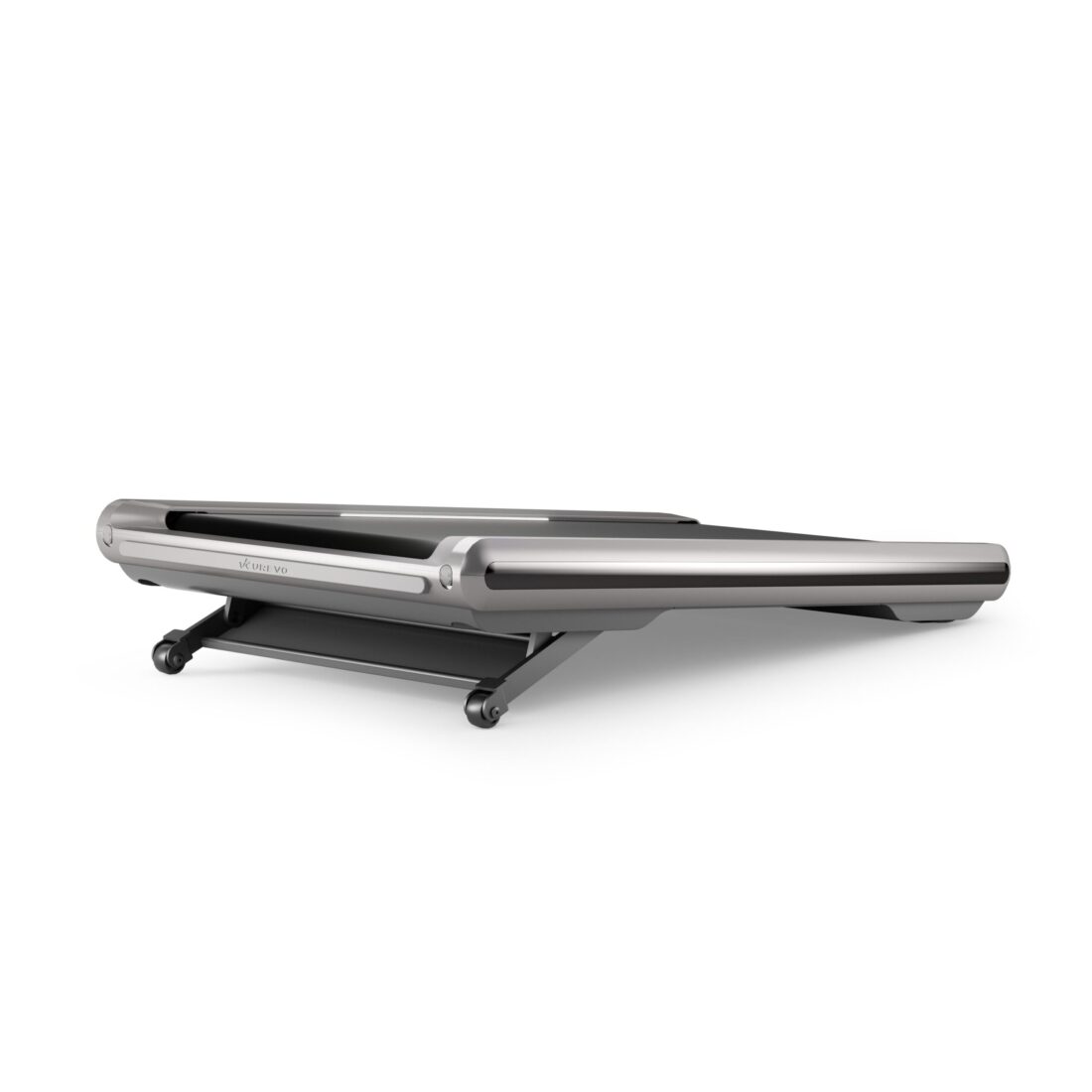 Urevo CyberPad 3 Walking Pad seitlich: flaches Gerät in Silber-Grau auf faltbarem Sockel