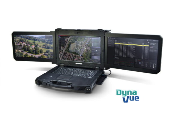 Durabook Z14I-DX3 Rugged Laptop mit drei Displays: EO-Live-Feed, Geländekarte und Analytics-Dashboard