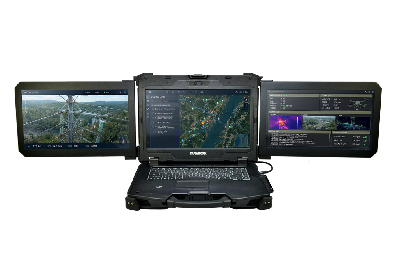 Durabook Z14I-DX3 mit drei Displays: UAV-Feed, Geospatial-Karte und Telemetrie-Dashboard