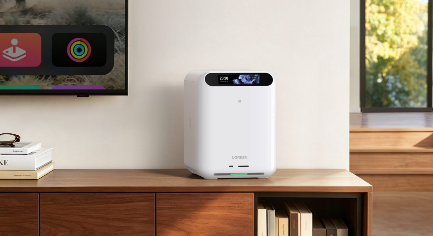 Ugreen HomeAgent HA100 auf Wohnzimmer-Sideboard mit Display-Streifen und grüner Status-LED